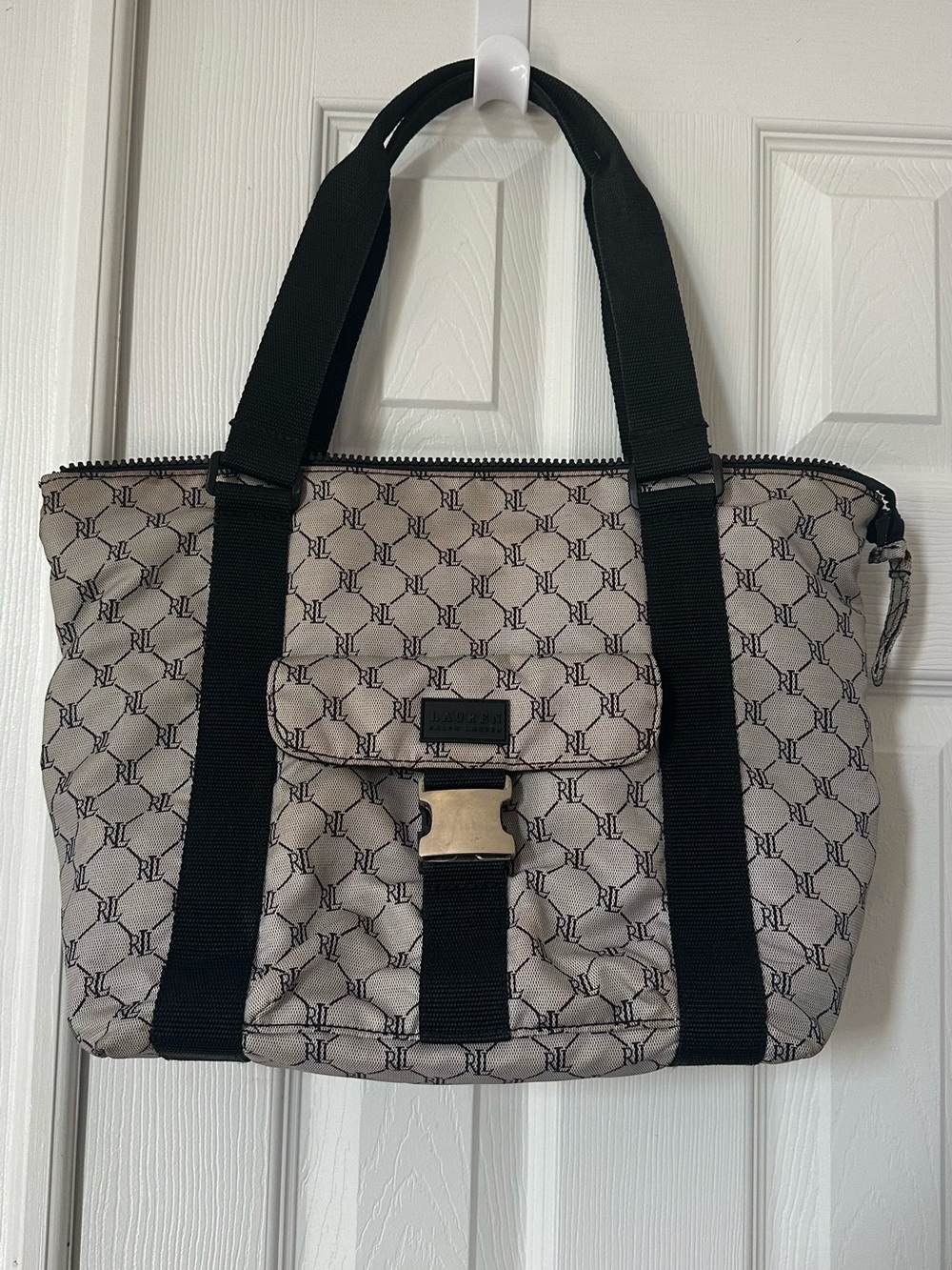 Ralph Lauren Gray and Black RL Logo Canvas Tote with Buckle Front